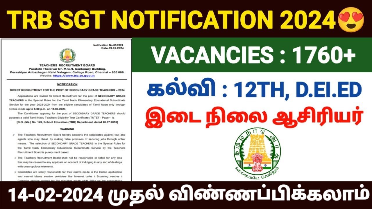 TN TRB SGT Notification 2024,Vacancies, Exam Date, Eligibility & Fee